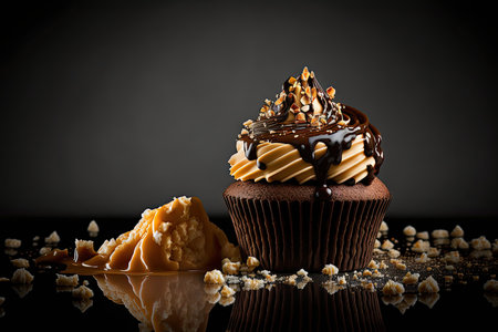Chocolate caramel cupcake with nuts and butterscotch. Illustration Generative AIの素材
