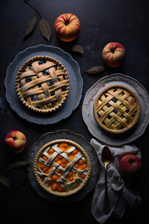 Apple and peach pies on plates documentary photography. Illustration Generative AIの素材