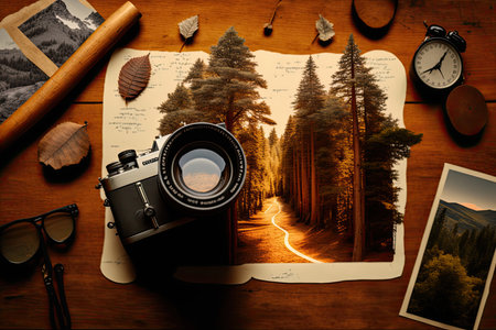 Abstract backdrop of itinerary and travel amid big wood. Illustration Generative AIの素材
