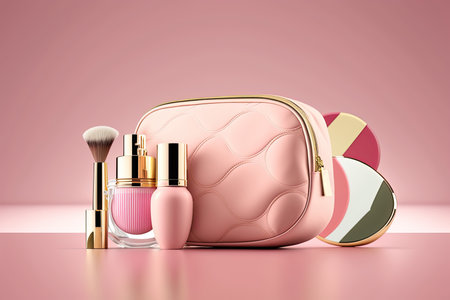 Pink make-up bag with cosmetic products. Illustration Generative AIの素材