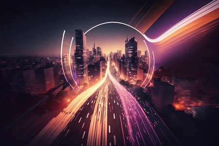 Abstract speed light flow through the city with gradient. Illustration Generative AIの素材