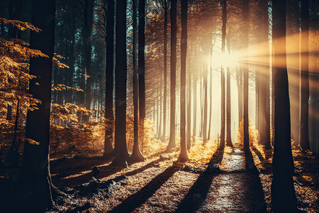 autumn forest nature. A bright morning in a colorful. Illustration Generative AIの素材