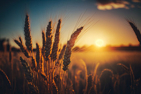 Beautiful nature sunset landscape. golden wheat ears. Illustration Generative AIの素材