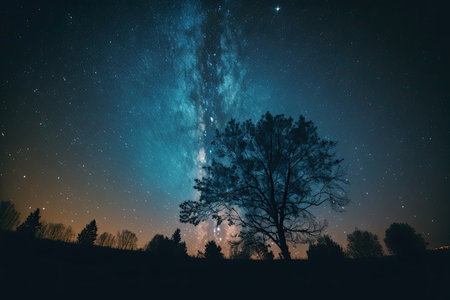 Beautiful night sky Milky Way and trees. Illustration Generative AIの素材