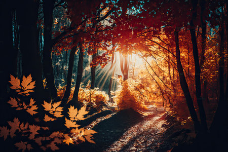 autumn forest nature. A bright morning in a colorful. Illustration Generative AIの素材