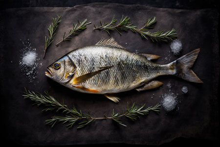 delicious dorada ready for salt-baked fish top view. Illustration Generative AIの素材