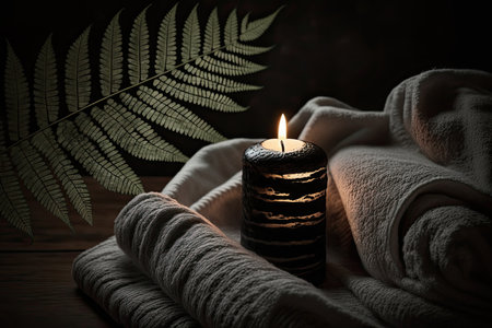 A fern towel with candles and black hot stone on a wooden. Illustration Generative AIの素材