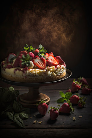 Cheesecake with macerated strawberries. Illustration Generative AIの素材