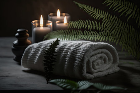 A fern towel with candles and black hot stone on a wooden. Illustration Generative AIの素材