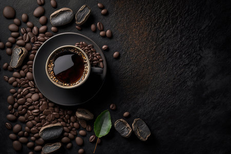 A horizontal banner with a cup of coffee and coffee bean. Illustration Generative AIの素材