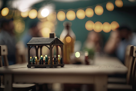 An empty wooden table with a garden party in the background. Illustration Generative AIの素材