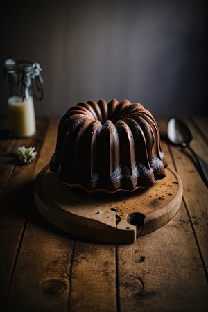 Bundt Cake on a wooden table. Illustration Generative AIの素材