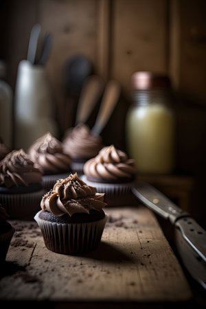 Chocolate Cupcakes in a rustic kitchen. Illustration Generative AIの素材