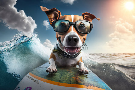 dog jack russell surfing on surfboard the wave. Illustration Generative AIの素材