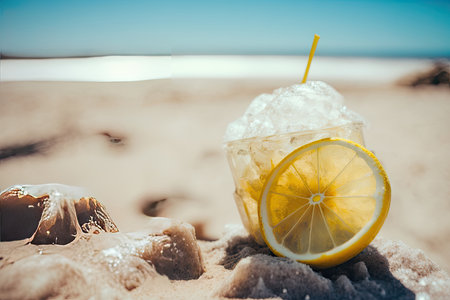 Cold drink with ice and a slice of lemon on the beach. Illustration Generative AIの素材