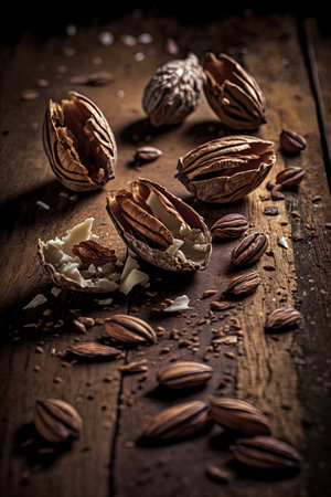 Fresh pecans and broken shells on a rustic wooden background. Illustration Generative AIの素材