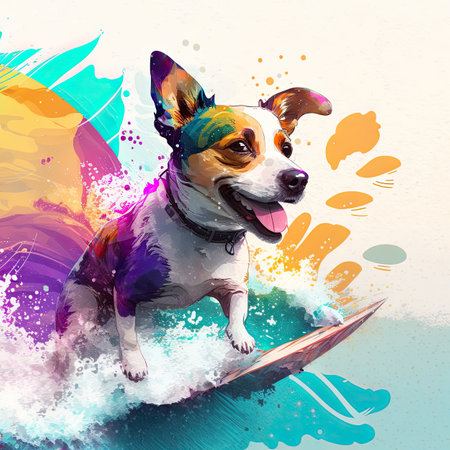 dog jack russell surfing on surfboard the wave. Illustration Generative AIの素材