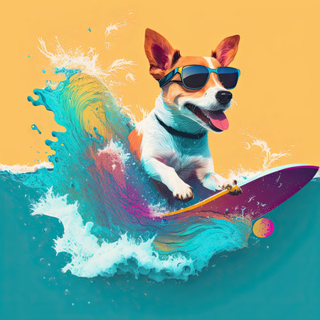 dog jack russell surfing on surfboard the wave. Illustration Generative AIの素材