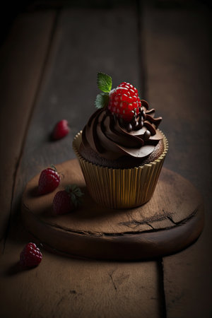 Chocolate cupcake with red berry on wooden table. Illustration Generative AIの素材