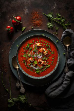 Gazpacho garnish with parsley in a plate with wavy edge. Illustrator Generative AIの素材