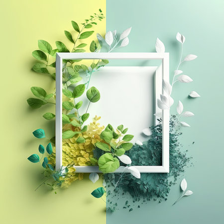 Creative layout of flowers and leaves with a paper note. flat lay. Illustration Generative AIの素材