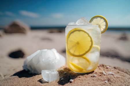 Cold drink with ice and a slice of lemon on the beach. Illustration Generative AIの素材