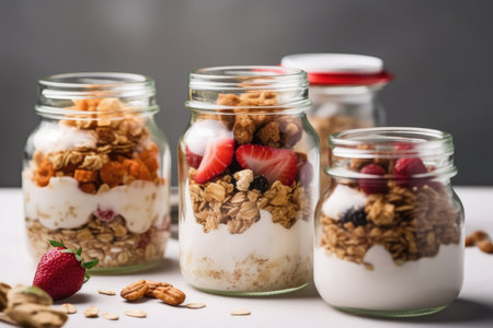 Healthy breakfast. Oatmeal Granola with yogurt Illustration Generative AIの素材