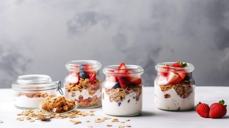 Healthy breakfast. Oatmeal Granola with yogurt Illustration Generative AIの素材