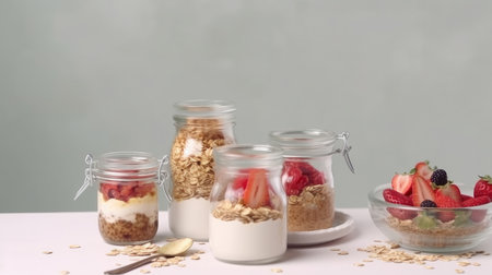 Healthy breakfast. Oatmeal Granola with yogurt Illustration Generative AIの素材