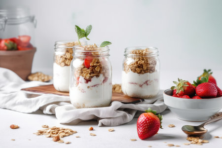 Healthy breakfast. Oatmeal Granola with yogurt Illustration Generative AIの素材