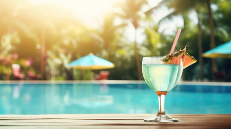 Summer Cocktail on Pool Background. Illustration Generative AIの素材