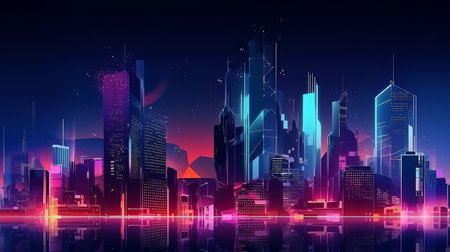 Cityscape with neon light. Illustration Generative AIの素材