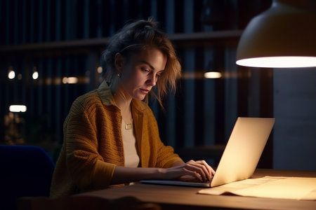 Freelancer woman working on PC. Illustration Generative AIの素材