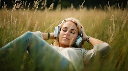 Girl listen to music in the field. Illustration Generative AIの素材