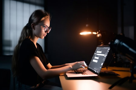Freelancer woman working on PC. Illustration Generative AIの素材
