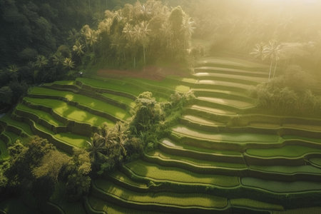 Green rice terraces with warm morning sunlight Illustration Generative AIの素材