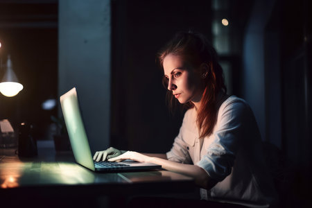 Freelancer woman working on PC. Illustration Generative AIの素材
