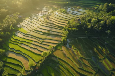 Green rice terraces with warm morning sunlight Illustration Generative AIの素材