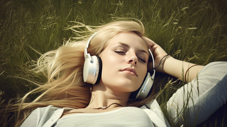 Girl listen to music in the field. Illustration Generative AIの素材