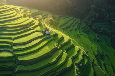 Green rice terraces with warm morning sunlight Illustration Generative AIの素材