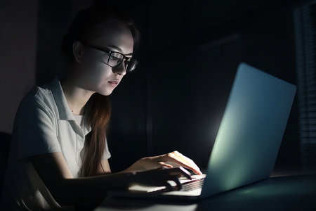 Freelancer woman working on PC. Illustration Generative AIの素材