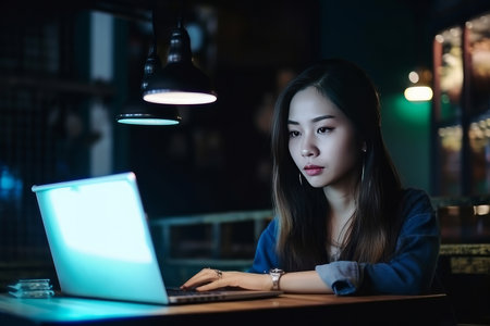 Freelancer woman working on PC. Illustration Generative AIの素材