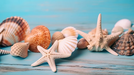 Blue summer background with shells. Illustration Generative AIの素材