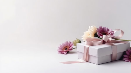 Greeting card with flower and gift box. Illustration Generative AIの素材