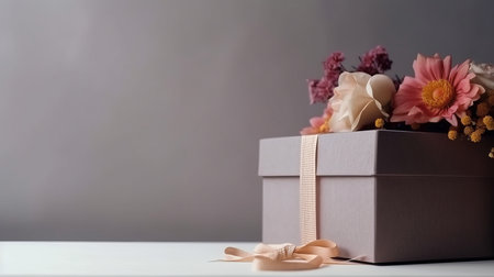 Greeting card with flower and gift box. Illustration Generative AIの素材
