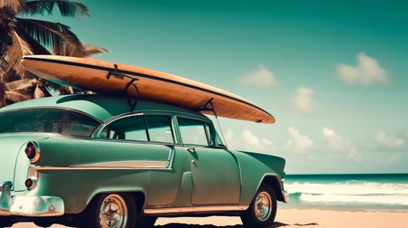 Old car with surf board. Illustration Generative AIの素材