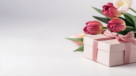 Greeting card with flower and gift box. Illustration Generative AIの素材