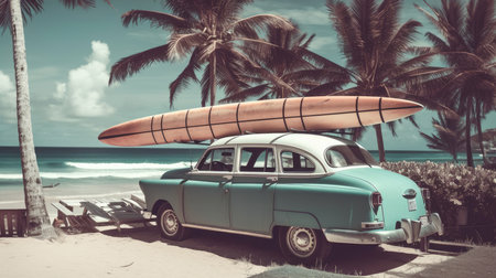 Old car with surf board. Illustration Generative AIの素材