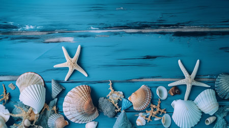 Blue summer background with shells. Illustration Generative AIの素材