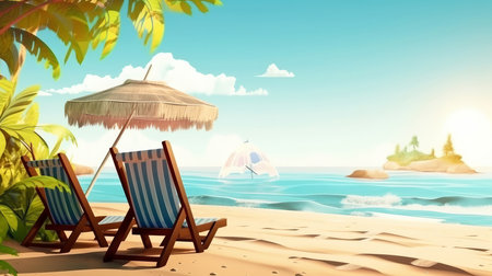 Summer beach with chairs. Illustration Generative AIの素材